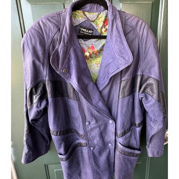 Vintage Pelle NY Milano Navy Blue Leather Jacket M Moto Style Equestrian Lining - Picture 3 of 11